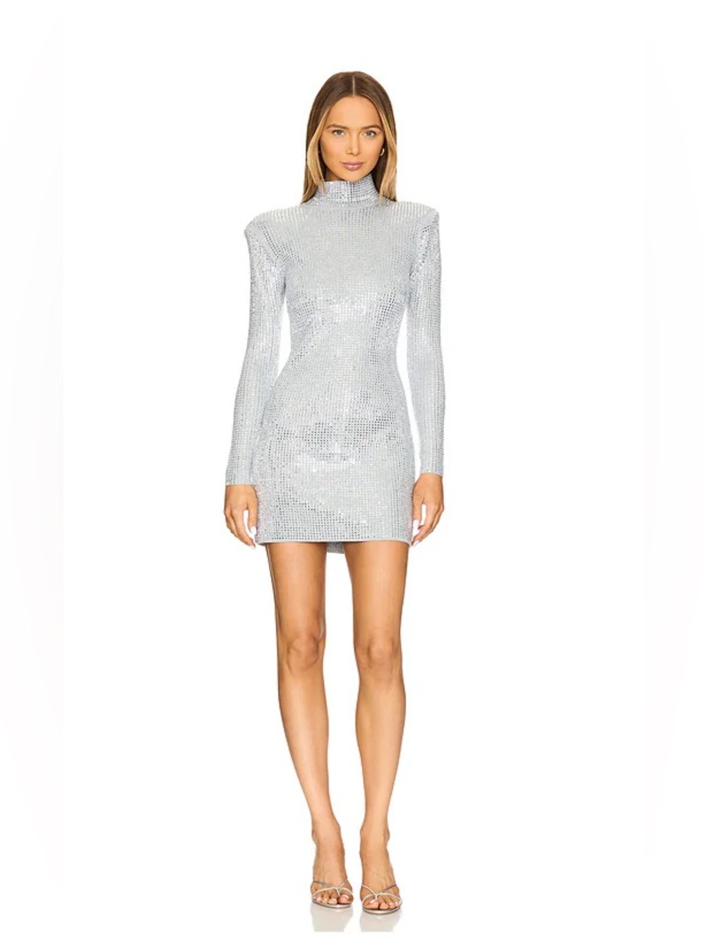 Retrofête Aisling Silver Rhinestone Embellished Long-Sleeve Mini Dress